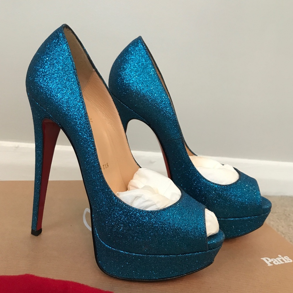 Christian Louboutin Teal Blue Glitter Platform Peep-Toe Pumps